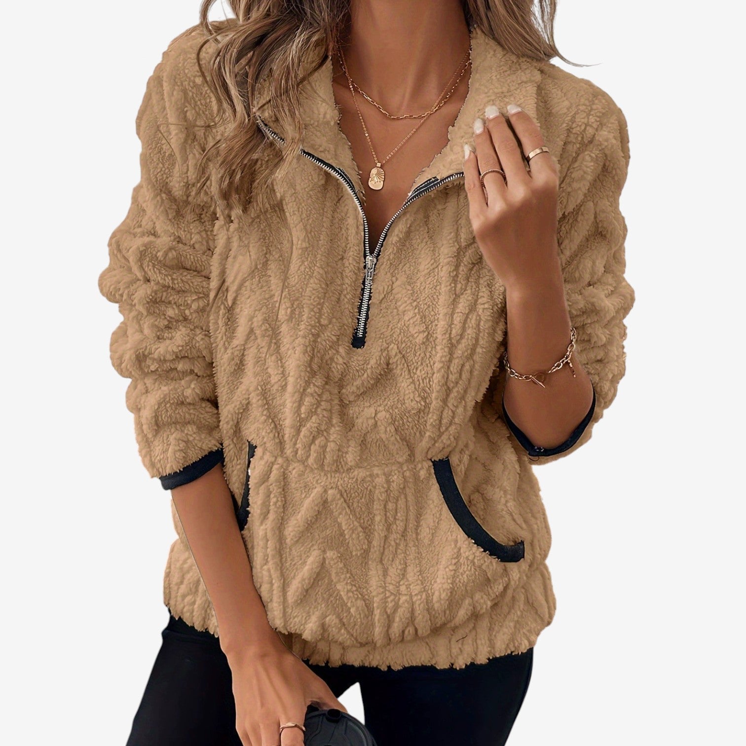Pullover in peluche da donna con mezza zip – strato caldo con collo alto per autunno e inverno