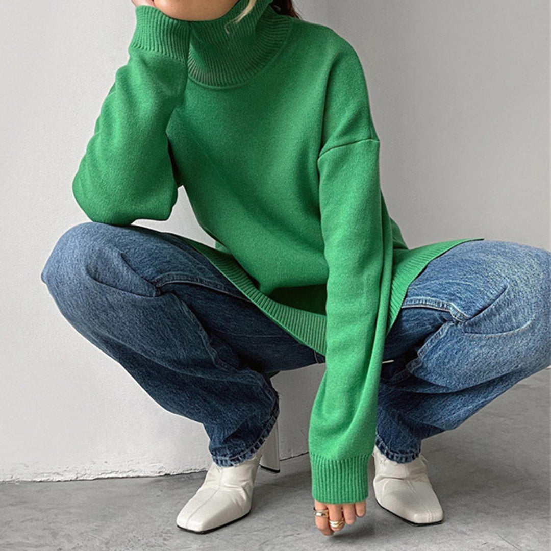 Maglione a collo alto da donna, vestibilità comoda, maglia con spacco laterale