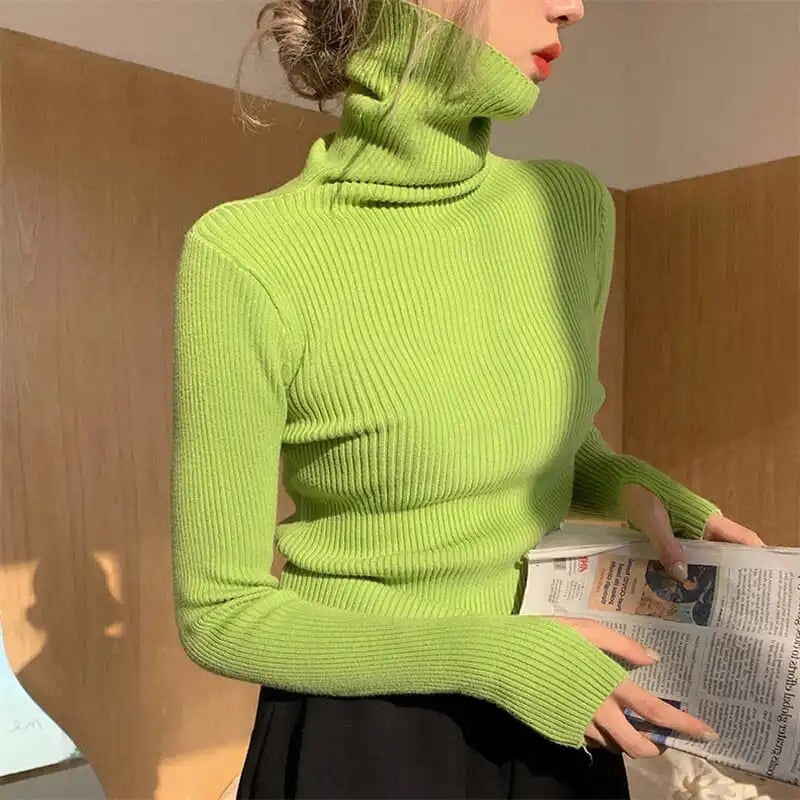 Maglione a collo alto a coste da donna, morbido, elasticizzato, aderente