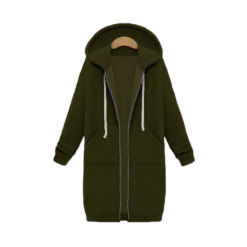 Felpa con cappuccio lunga da donna con cerniera – Felpa casual con cappuccio e tasche frontali