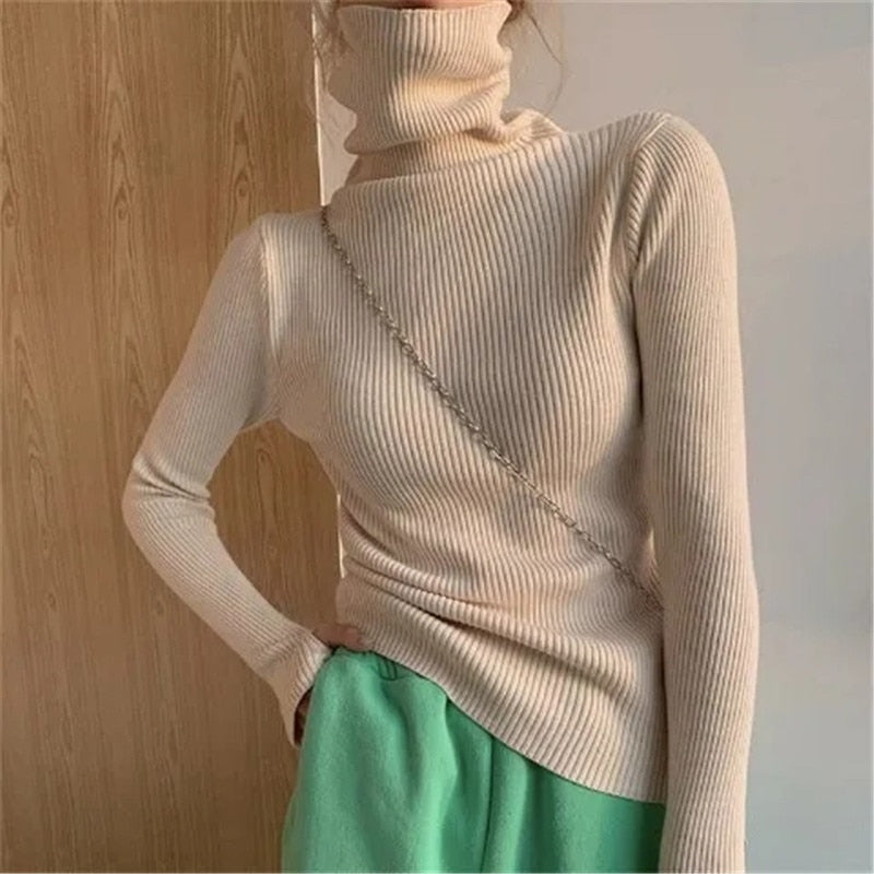 Maglione a collo alto a coste da donna, morbido, elasticizzato, aderente