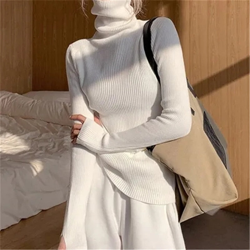Maglione a collo alto a coste da donna, morbido, elasticizzato, aderente