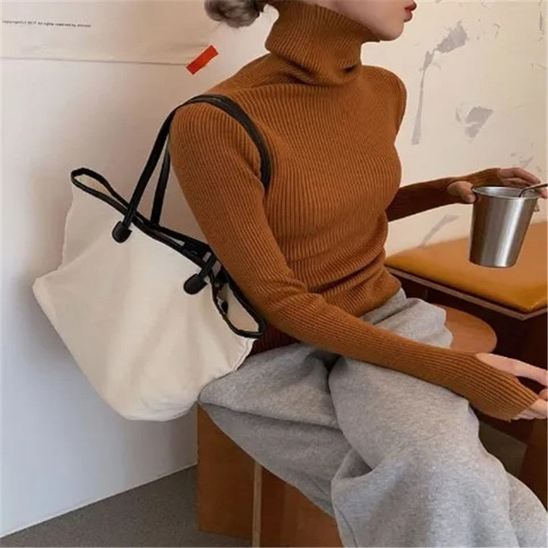 Maglione a collo alto a coste da donna, morbido, elasticizzato, aderente