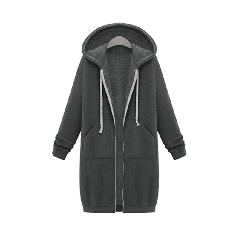 Felpa con cappuccio lunga da donna con cerniera – Capo morbido con cappuccio e tasche anteriori