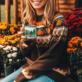 Maglione lavorato a maglia da donna con zucche e motivo Fair Isle – Comodo pullover autunnale con fantasia stagionale
