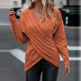 Maglione da donna in maglia a trecce con parte frontale incrociata – Pullover lungo con scollo a V per un elegante stile invernale