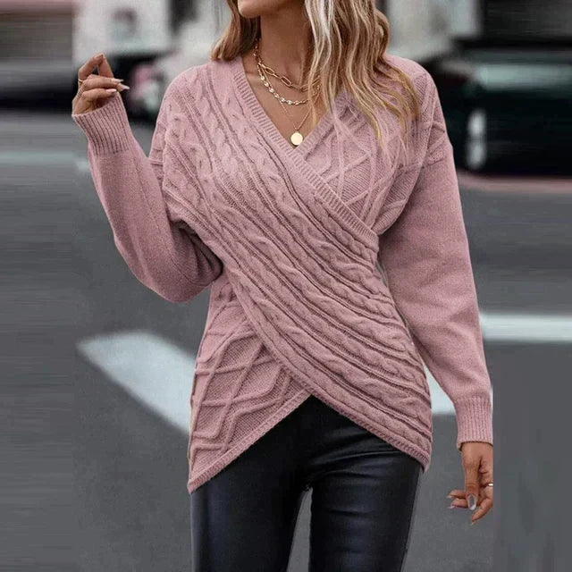 Maglione da donna in maglia a trecce con parte frontale incrociata – Pullover lungo con scollo a V per un elegante stile invernale