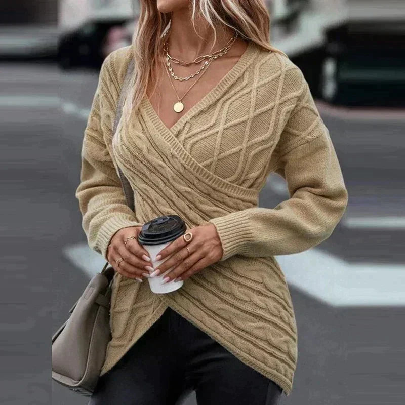 Maglione da donna in maglia a trecce con parte frontale incrociata – Pullover lungo con scollo a V per un elegante stile invernale