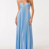 Abito da cerimonia donna | Elegante abito lungo plissettato con collo all'americana