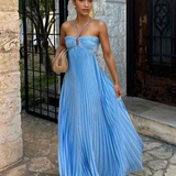 Abito da cerimonia donna | Elegante abito lungo plissettato con collo all'americana
