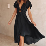 Elegante abito midi in raso con scollo a V profondo da donna maniche a farfalla e gonna asimmetrica fluida