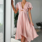Elegante abito midi in raso con scollo a V profondo da donna maniche a farfalla e gonna asimmetrica fluida
