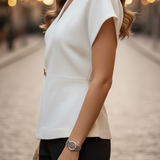 Elegante camicetta a maniche corte e abito avvolgente da donna – Top asimmetrico con vita aderente