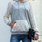 Felpa con cappuccio da donna con maniche in pizzo – Pullover casual con coulisse e dettagli a pannello all’uncinetto