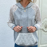 Felpa con cappuccio da donna con maniche in pizzo – Pullover casual con coulisse e dettagli a pannello all’uncinetto
