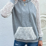 Felpa con cappuccio da donna con maniche in pizzo – Pullover casual con coulisse e dettagli a pannello all’uncinetto