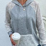 Felpa con cappuccio da donna con maniche in pizzo – Pullover casual con coulisse e dettagli a pannello all’uncinetto