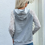 Felpa con cappuccio da donna con maniche in pizzo – Pullover casual con coulisse e dettagli a pannello all’uncinetto