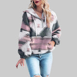Felpa con cappuccio da donna | Motivo etnico e colletto con mezza zip