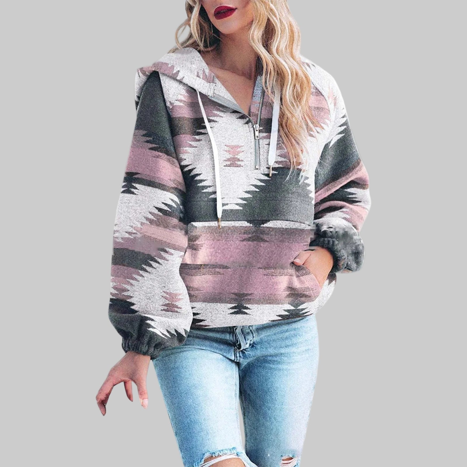 Felpa con cappuccio da donna | Motivo etnico e colletto con mezza zip