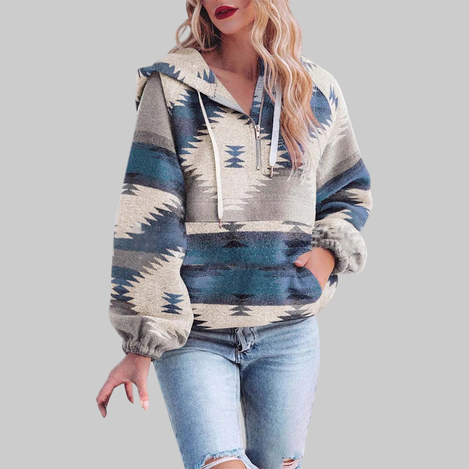 Felpa con cappuccio da donna | Motivo etnico e colletto con mezza zip