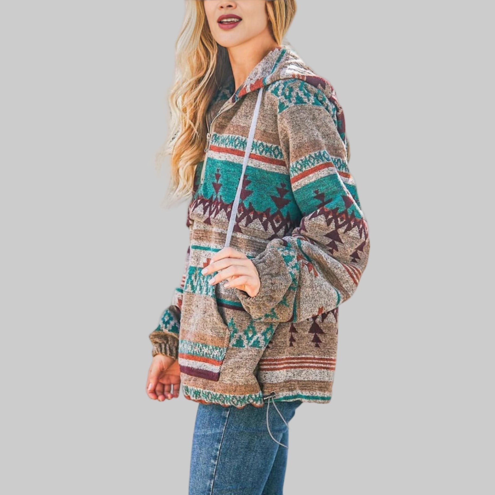 Felpa con cappuccio da donna | Motivo etnico e colletto con mezza zip