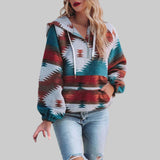 Felpa con cappuccio da donna | Motivo etnico e colletto con mezza zip