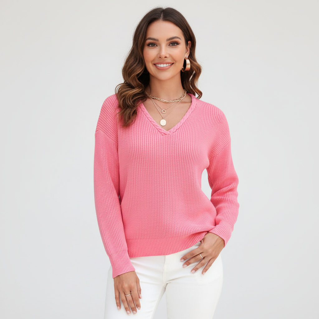 Maglione da donna a coste con scollo a V e maniche ampie