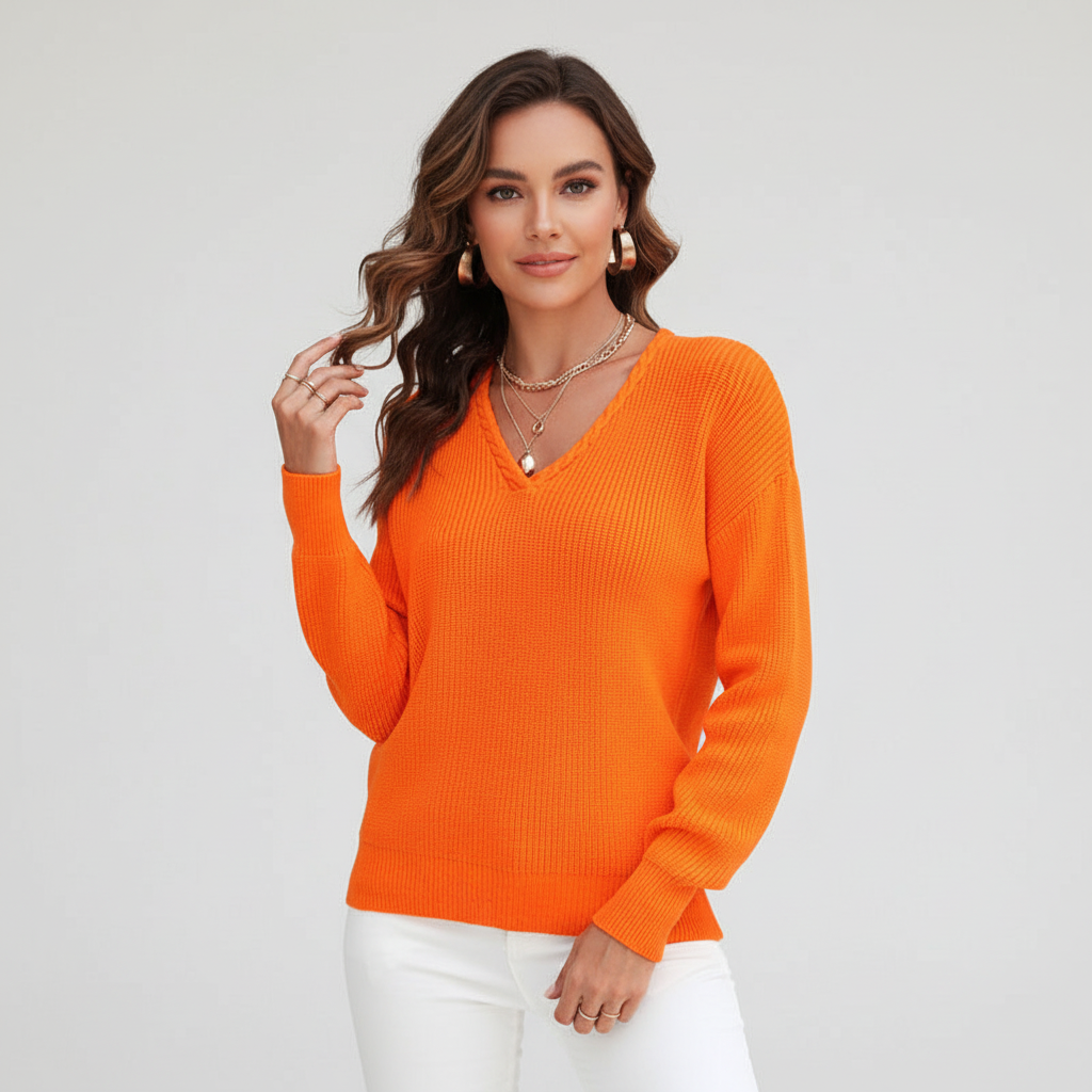 Maglione da donna a coste con scollo a V e maniche ampie