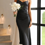 Elegante abito midi in raso senza maniche per donna – Stile da sera/invitata a nozze con spacco