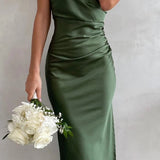 Elegante abito midi in raso senza maniche per donna – Stile da sera/invitata a nozze con spacco