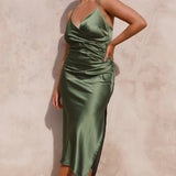 Elegante abito midi in raso senza maniche per donna – Stile da sera/invitata a nozze con spacco