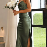 Elegante abito midi in raso senza maniche per donna – Stile da sera/invitata a nozze con spacco