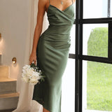 Elegante abito midi in raso senza maniche per donna – Stile da sera/invitata a nozze con spacco