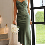 Elegante abito midi in raso senza maniche per donna – Stile da sera/invitata a nozze con spacco