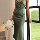 Elegante abito midi in raso senza maniche per donna – Stile da sera/invitata a nozze con spacco