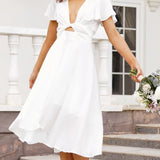 Elegante abito midi in raso con scollo a V profondo da donna maniche a farfalla e gonna asimmetrica fluida