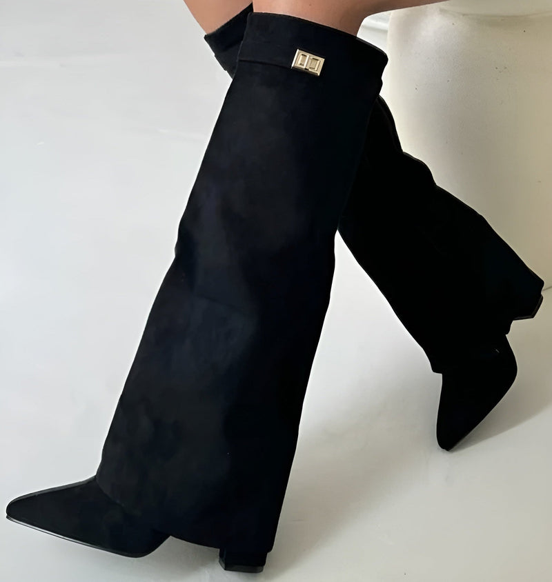 Stivali da Donna – Alti fino al Ginocchio in Camoscio o Ecopelle con Tacco a Blocco e Chiusura Lampo per Look Eleganti