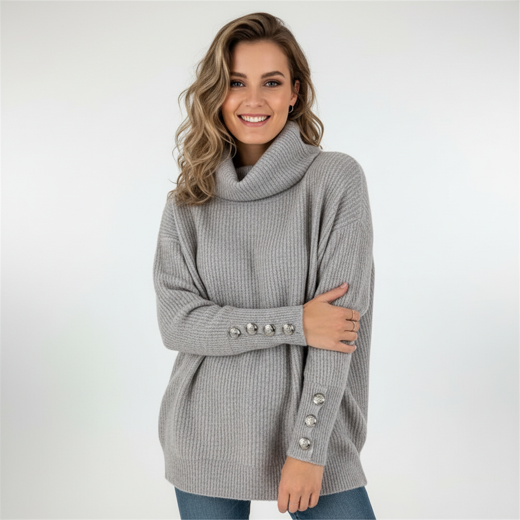 Maglione da donna a coste con collo a scialle e polsini con bottoni