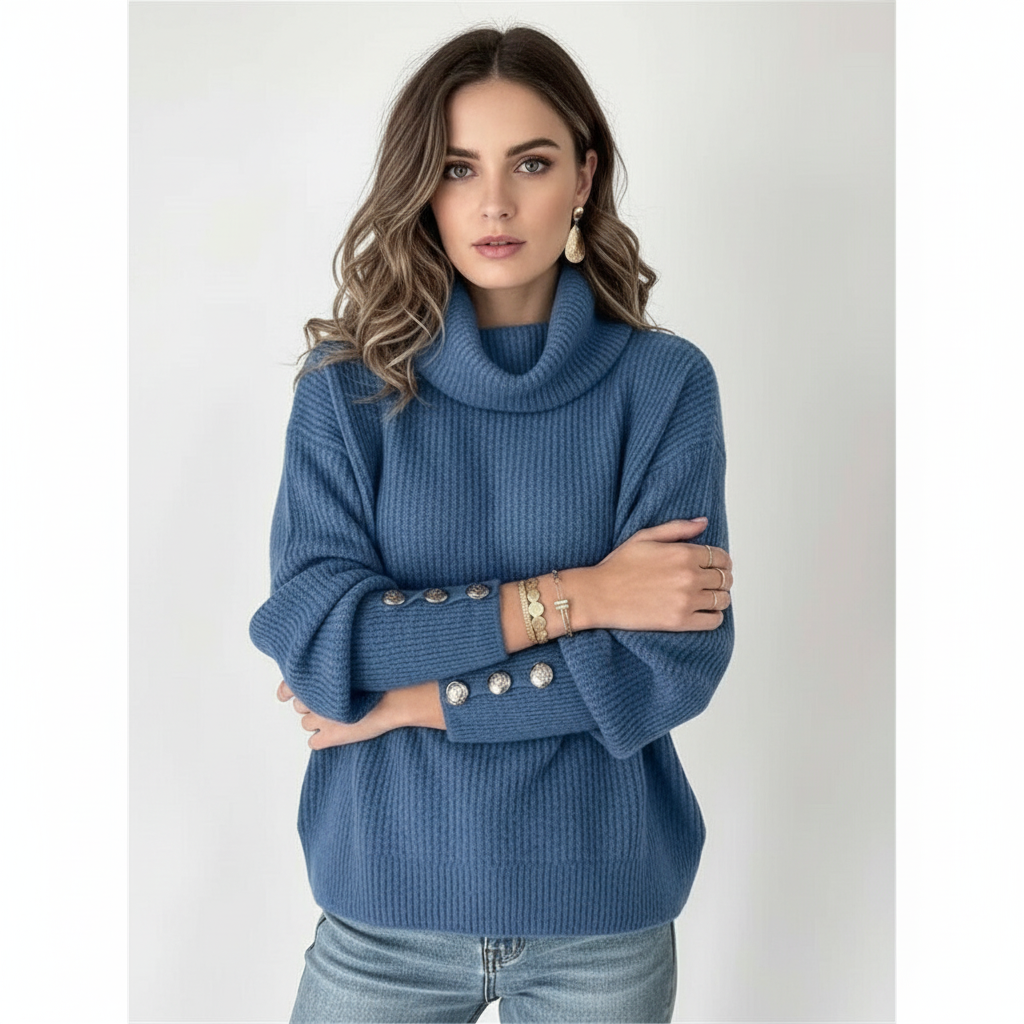 Maglione da donna a coste con collo a scialle e polsini con bottoni