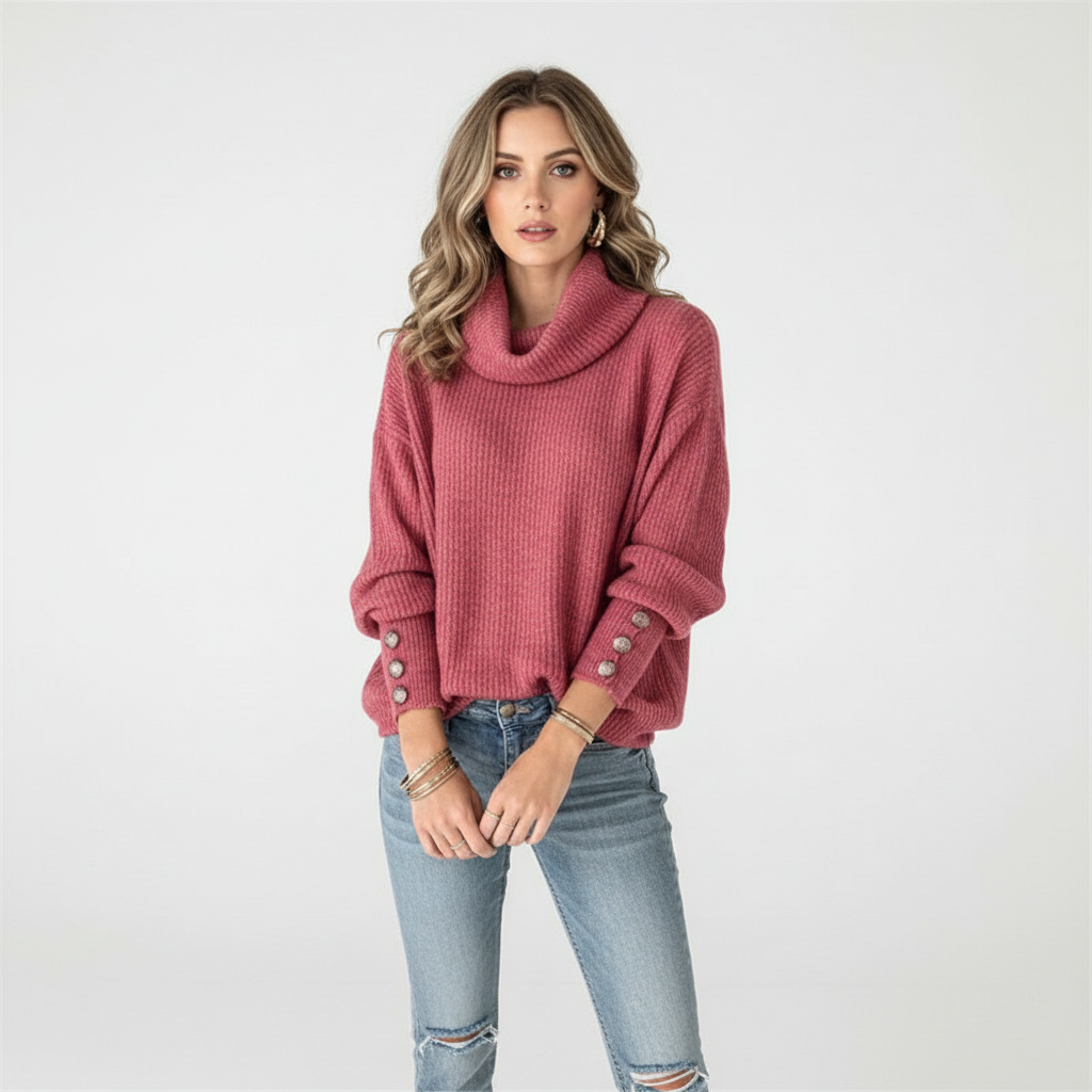 Maglione da donna a coste con collo a scialle e polsini con bottoni
