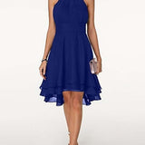 Abito da cocktail da donna a trapezio, lunghezza al ginocchio - con scollo all'americana e volant in chiffon, senza maniche, stile festa