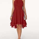 Abito da cocktail da donna a trapezio, lunghezza al ginocchio - con scollo all'americana e volant in chiffon, senza maniche, stile festa