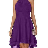 Abito da cocktail da donna a trapezio, lunghezza al ginocchio - con scollo all'americana e volant in chiffon, senza maniche, stile festa