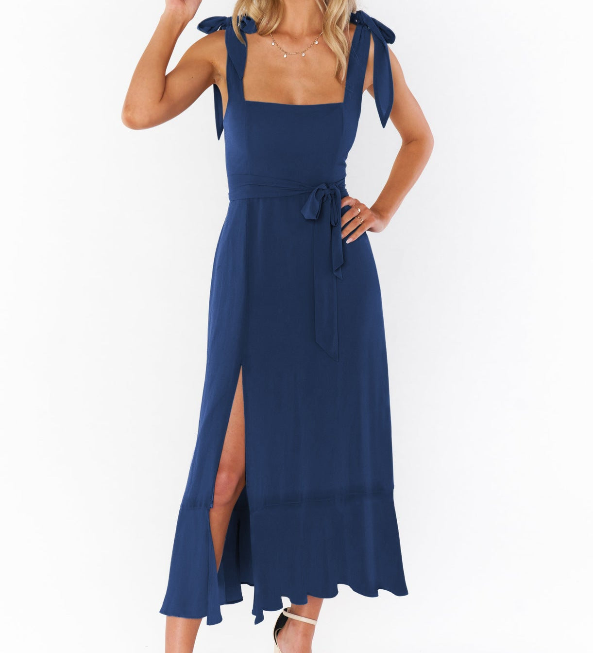 Abito Maxi Donna | Cintura a Fiocco, Spacco e Dettaglio Spalline