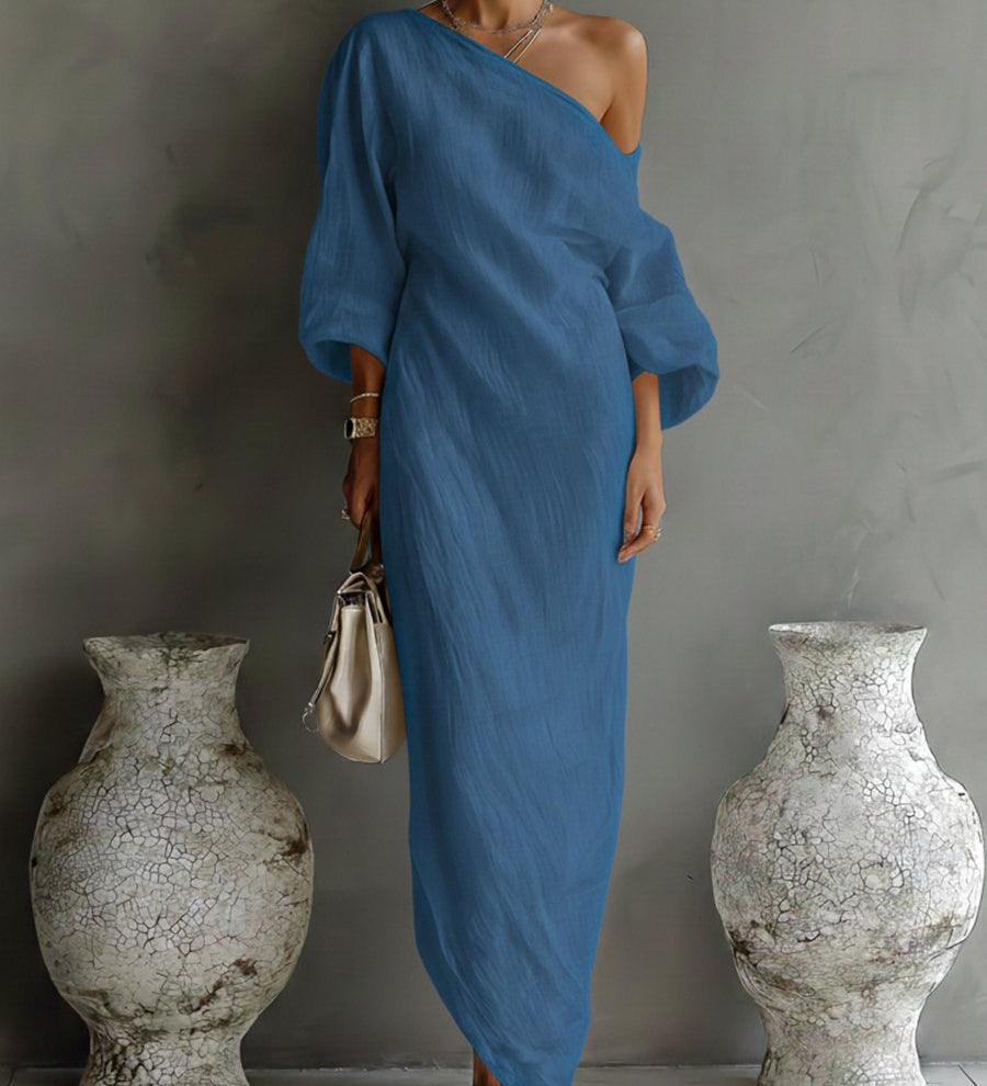 Abito lungo donna | Design monospalla con maniche a volume