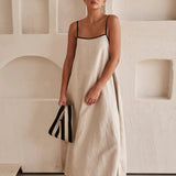Abito lungo donna | Abito con spalline, taglio a trapezio e dettaglio elegante a contrasto