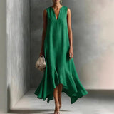 Abito lungo donna | Scollo a V e orlo con volant – Elegante abito a linea A