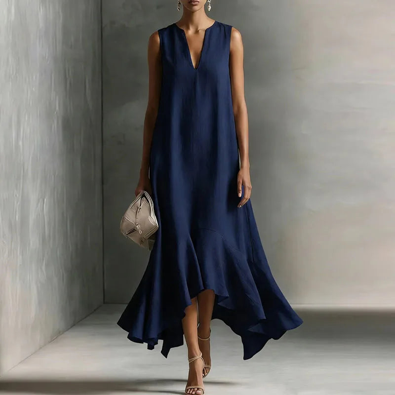 Abito lungo donna | Scollo a V e orlo con volant – Elegante abito a linea A