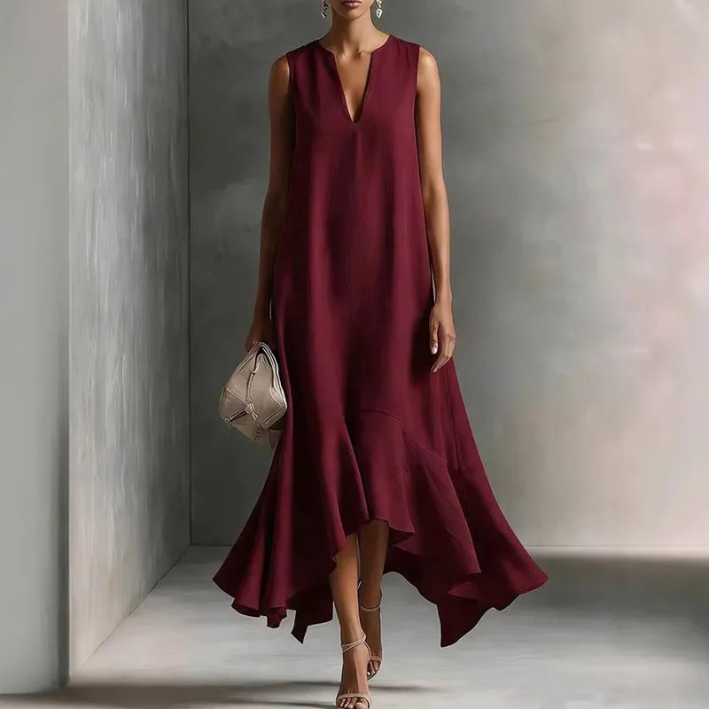 Abito lungo donna | Scollo a V e orlo con volant – Elegante abito a linea A
